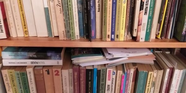 Książki na półce w bibliotece.