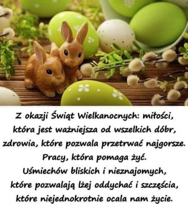 kartka wielkanocna z króliczkami i pisankami oraz życzeniami wielkanocnymi.