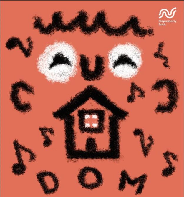 Plakat na czerwonym tle znajduje się rysunek domu otoczonego nutami