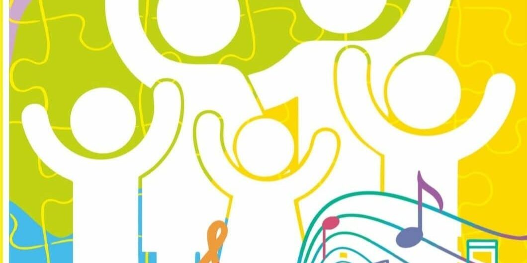 plakat przedstawiający zarysy osób, nuty na pięciolinii i napis Rodzina